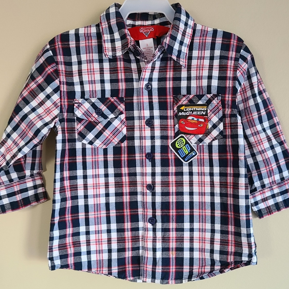 Disney Cars plaid cotton button down long sleeved